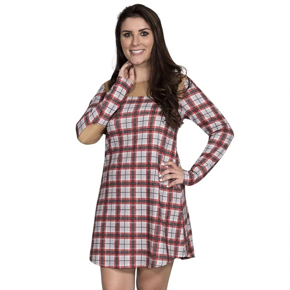 Simply Southern Women’s Sm Red Plaid Flannel Dress Faux Suede With Elbow Patches - Picture 9 of 10